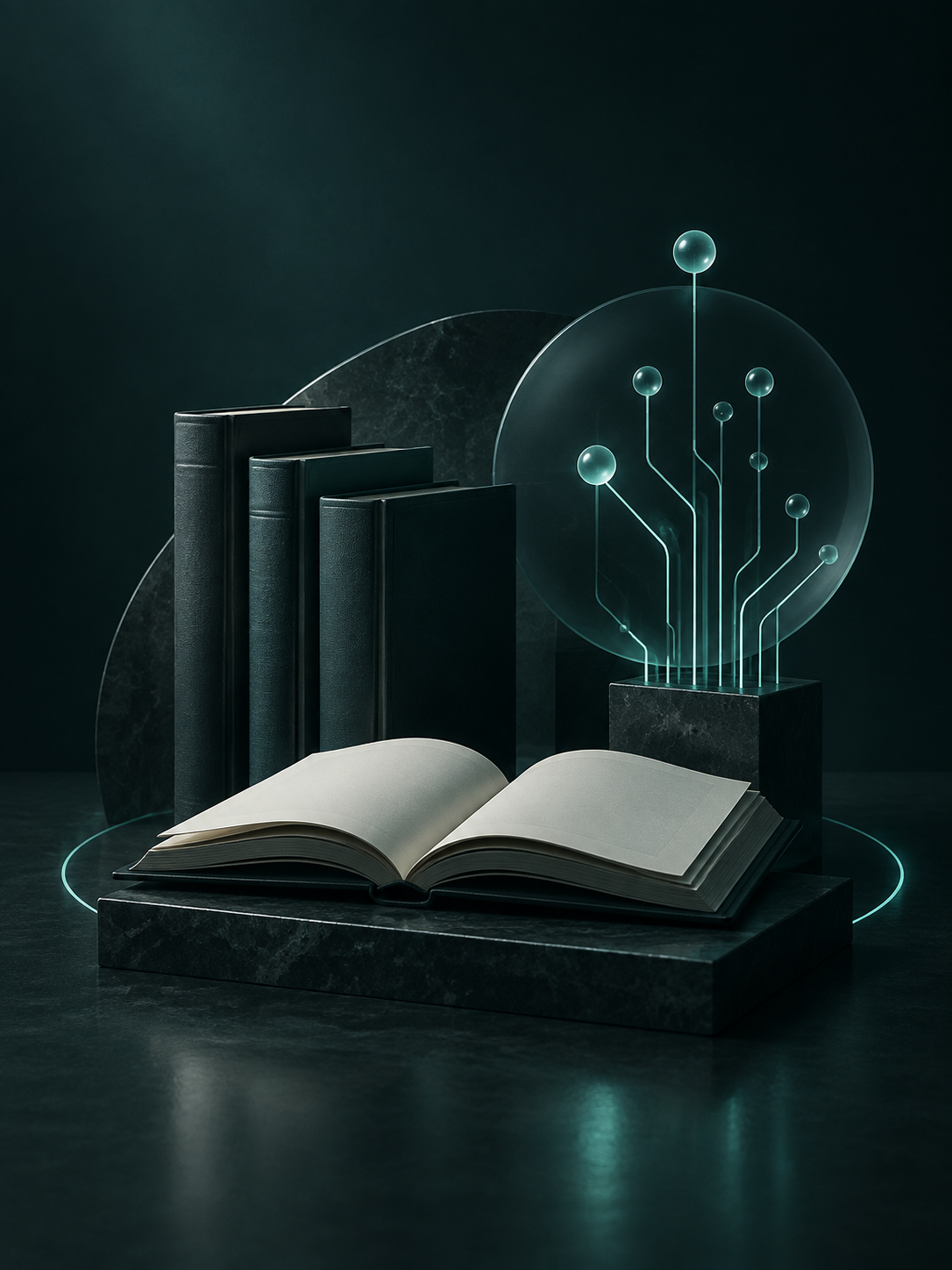 Illustration of books and a circuit-inspired sculpture